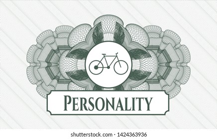 Green money style emblem or rosette with bike icon and Personality text inside