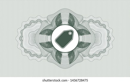 Green money style emblem or rosette with tag icon inside