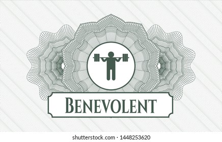 Green money style emblem or rosette with squat icon and Benevolent text inside