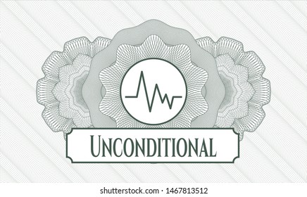 Green money style emblem or rosette with electrocardiogram icon and Unconditional text inside
