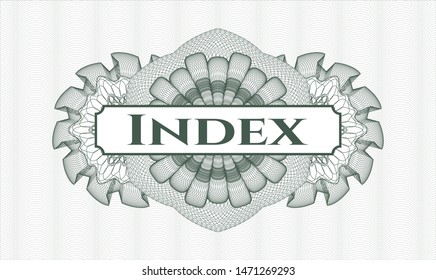 Green money style emblem or rosette with text Index inside