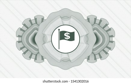 Green money style emblem or rosette with flag with money symbol inside icon inside
