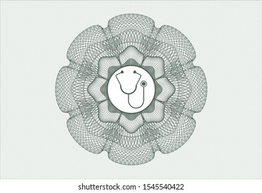 Green money style emblem or rosette with stethoscope icon inside