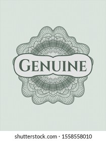 Green money style emblem or rosette with text Genuine inside