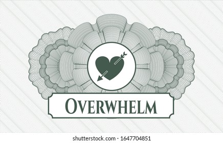 Green money style emblem or rosette with heart with arrow icon and Overwhelm text inside