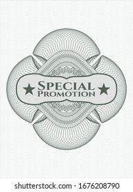 Green money style emblem or rosette with text Special Promotion inside