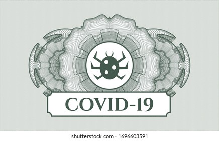 Green money style emblem or rosette with bug icon and COVID-19 text inside
