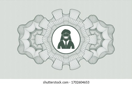 Emblema o rosette de estilo dinero verde. Ilustración vectorial. Detallado con mujer usando un icono de máscara de cara dentro