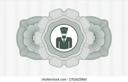 Green money style emblem or rosette. Vector Illustration. Detailed with man wearing face mask icon inside