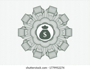 Green money style emblem or rosette. with money bag icon inside