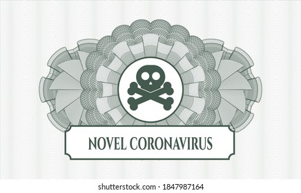 Green money style emblem or rosette. Vector Illustration. Detailed with crossbones icon and Novel Coronavirus text inside