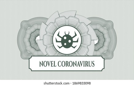 Green money style emblem or rosette. Vector Illustration. Detailed with bug icon and Novel Coronavirus text inside