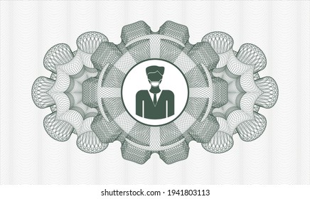 Green money style emblem or rosette. Vector Illustration. Detailed with man wearing face mask icon inside