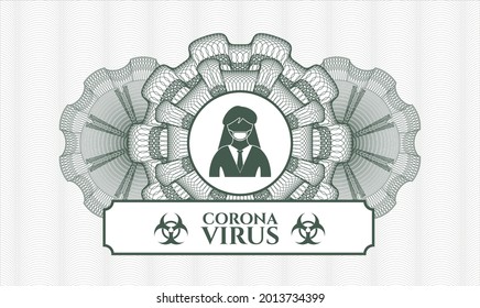 Green money style emblem or rosette. Vector Illustration. Detailed with woman wearing face mask icon and Coronavirus text inside