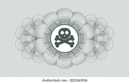 Green money style emblem or rosette. Vector Illustration. Detailed with crossbones icon inside