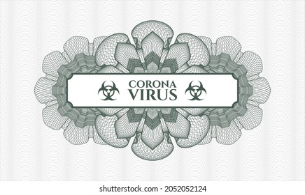 Green money style emblem or rosette. Vector Illustration. Detailed with text Coronavirus inside