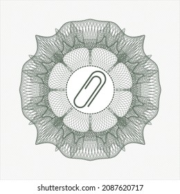 Green money style emblem or rosette. with paper clip icon inside