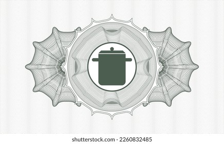 Green money style emblem or rosette. Vector Illustration. Detailed with cooking pot icon inside