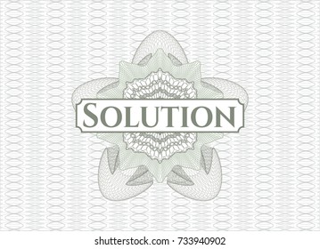 Green money style emblem or rosette with text Solution inside