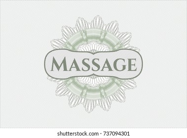 Green money style emblem or rosette with text Massage inside