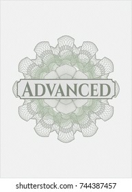 Green money style emblem or rosette with text Advanced inside