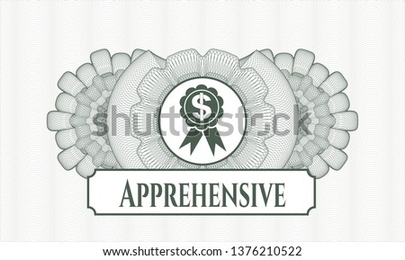 Green money style emblem or rosette with business ribbon icon and Apprehensive text inside
