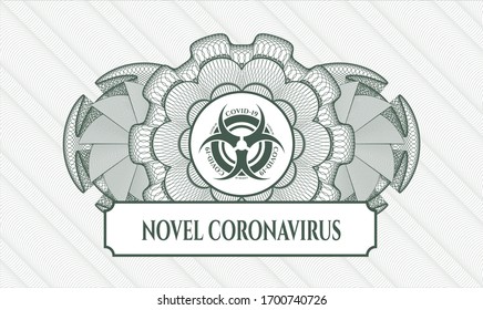 Green money style rosette with biohazard covid-19 icon and Novel Coronavirus text inside