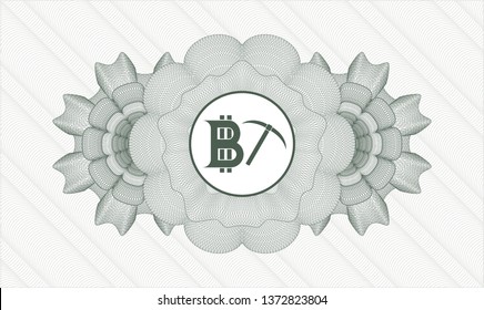 Green money style rosette with bitcoin mining icon inside