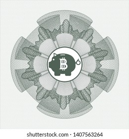 Green money style rosette with bitcoin piggy bank icon inside