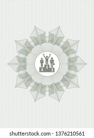 Green money style rosette with business competition, podium icon inside