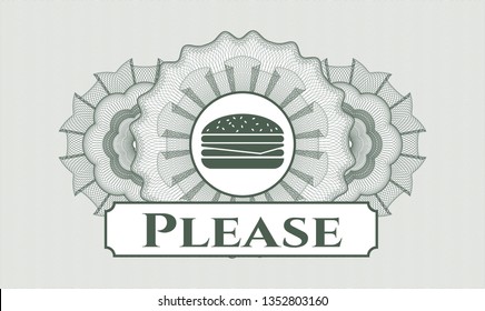 Green money style rosette with cheeseburger icon and Please text inside