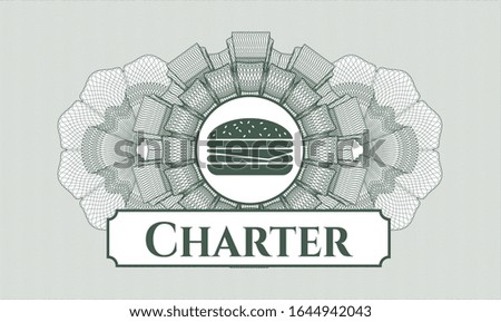 Green money style rosette with cheeseburger icon and Charter text inside