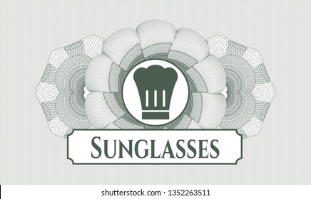 Green money style rosette with chef hat icon and Sunglasses text inside