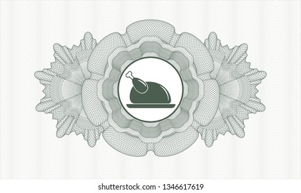Green money style rosette with chicken dish icon inside