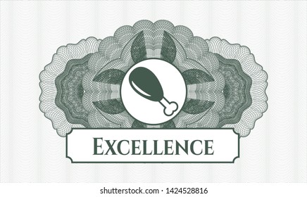 Green money style rosette with chicken leg icon and Excellence text inside
