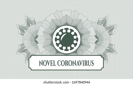 Green money style rosette with coronavirus icon and Novel Coronavirus text inside