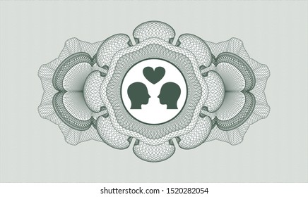 Green money style rosette with couple in love icon inside