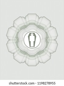 Green money style rosette with dead man in his coffin icon inside