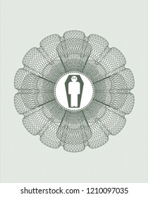 Green money style rosette with dead man in his coffin icon inside
