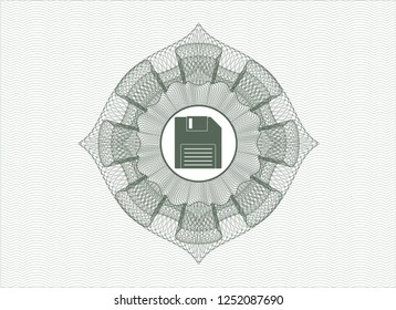 Green money style rosette with diskette icon inside