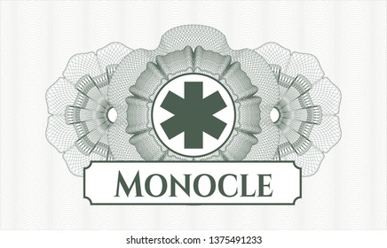 Green money style rosette with emergency cross icon and Monocle text inside