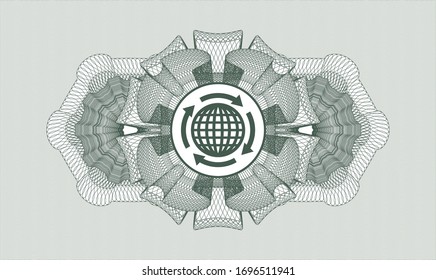 Green money style rosette with globalization icon inside