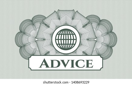 Green money style rosette with globe, website icon and Advice text inside