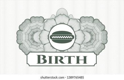 Green money style rosette with hot dog icon and Birth text inside