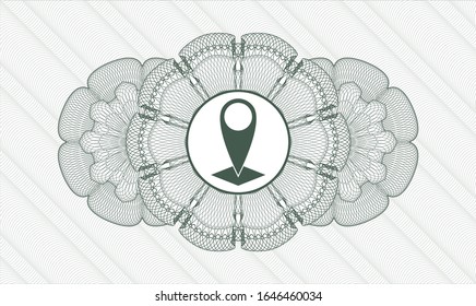 Green money style rosette with map pointer icon inside