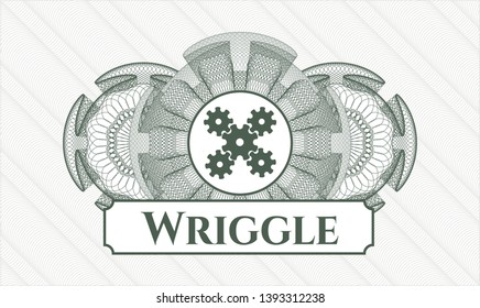 Green money style rosette with mechanism icon and Wriggle text inside