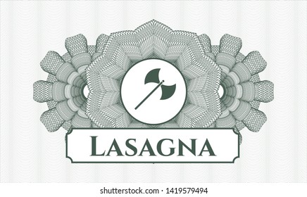 Green money style rosette with medieval axe icon and Lasagna text inside