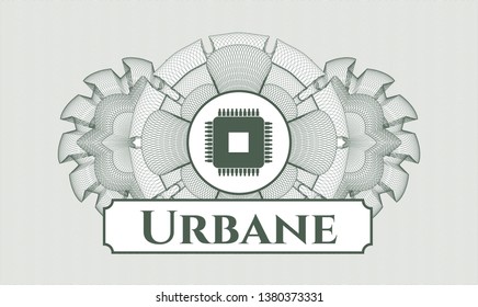 Green money style rosette with microchip, microprocessor icon and Urbane text inside