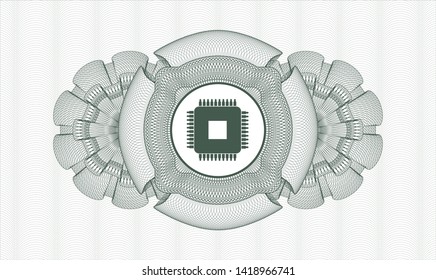 Green money style rosette with microchip, microprocessor icon inside