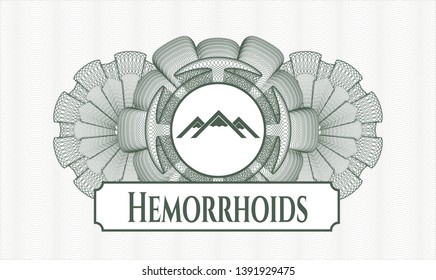 Green money style rosette with mountain icon and Hemorrhoids text inside